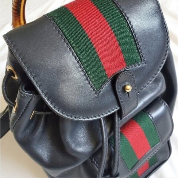 Authentic Vintage Gucci Bamboo Mini Backpack Black Leather Web Detail - Picture 15 of 15